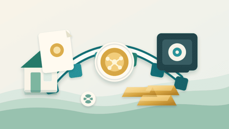Layered-paper illustration of real-world assets connected to blockchain rails