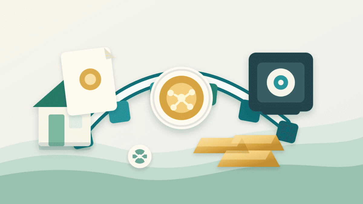 Layered-paper illustration of real-world assets connected to blockchain rails