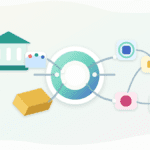 Layered paper illustration showing real-world assets connected to onchain finance through a central token ring