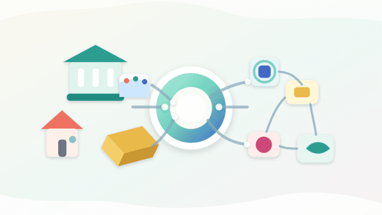 Layered paper illustration showing real-world assets connected to onchain finance through a central token ring