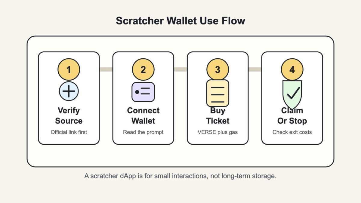 Four-step process diagram showing a Scratcher wallet user verifying the source, connecting a wallet, buying a ticket, and claiming or stopping