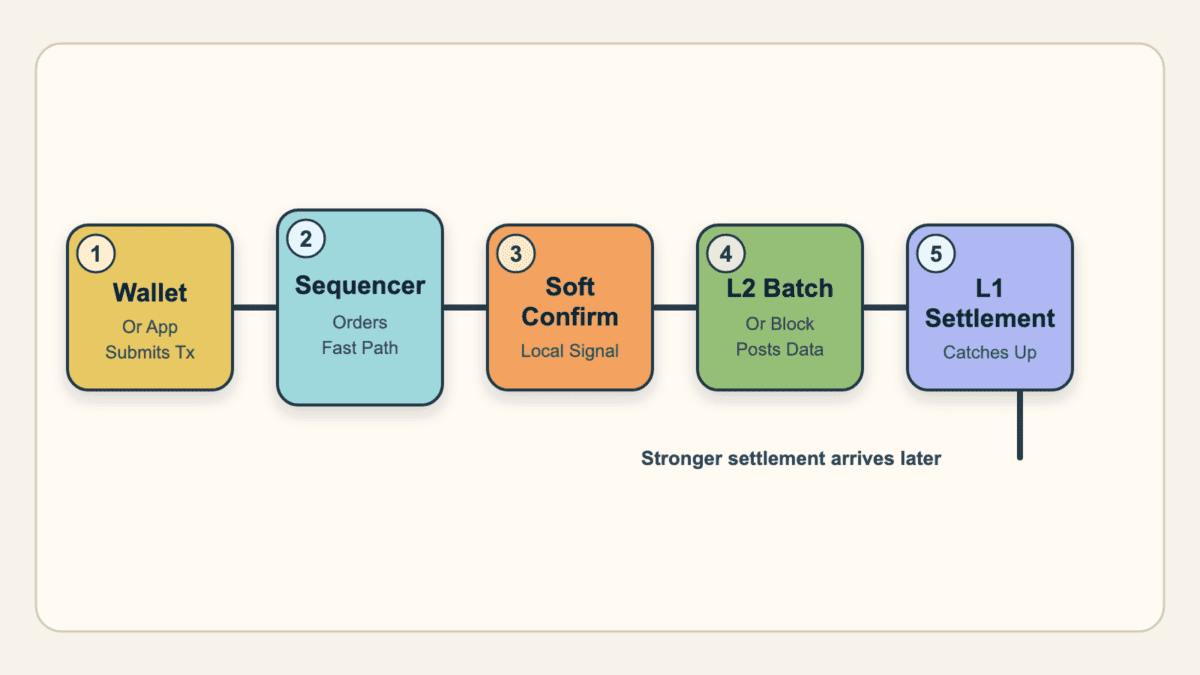 Flow diagram showing a wallet transaction moving through sequencer ordering, soft confirmation, L2 batch posting, and L1 settlement