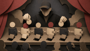Paper-cut illustration of a faceless repeat token deployer moving blank token pieces across linked wallets and trapdoors