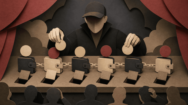 Paper-cut illustration of a faceless repeat token deployer moving blank token pieces across linked wallets and trapdoors