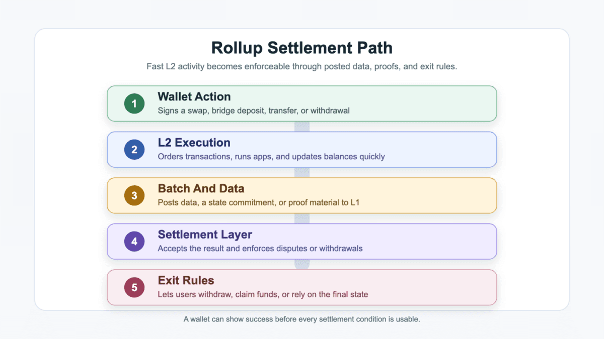 Diagram showing a rollup settlement path from wallet action through L2 execution, batch and data posting, settlement layer enforcement, and exit rules