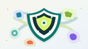 Layered paper collage showing one central security shield protecting several connected blockchain services