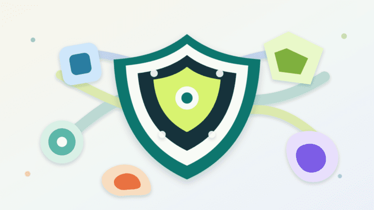 Layered paper collage showing one central security shield protecting several connected blockchain services