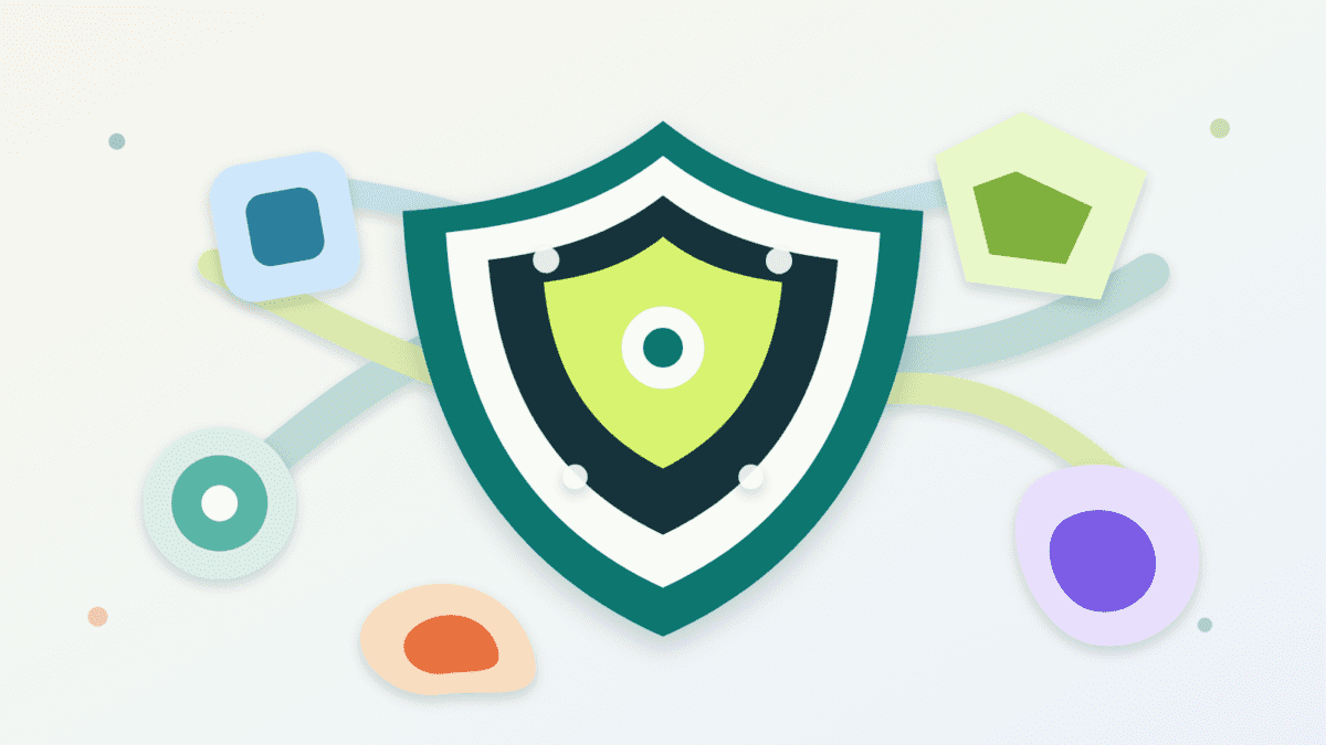 Layered paper collage showing one central security shield protecting several connected blockchain services