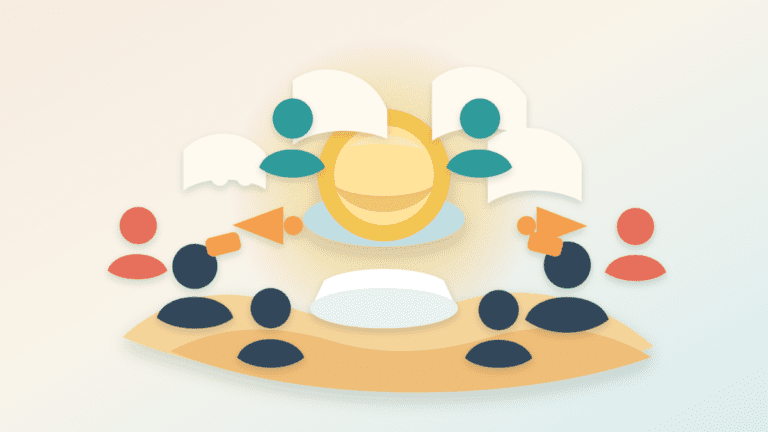 Layered-paper illustration of a coordinated crypto shill group surrounding a generic token with blank chat bubbles and megaphones
