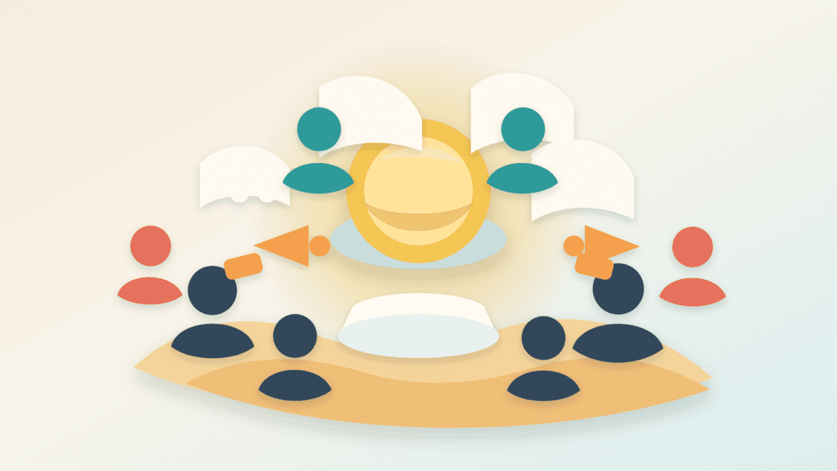 Layered-paper illustration of a coordinated crypto shill group surrounding a generic token with blank chat bubbles and megaphones