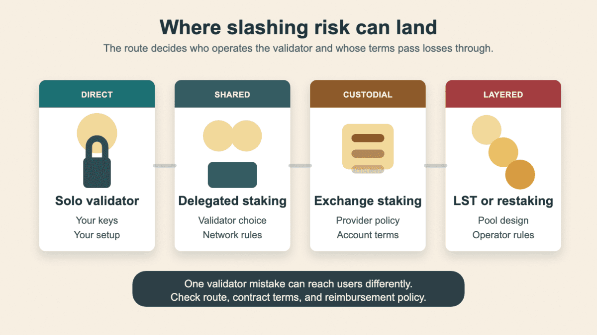 Infographic showing how slashing risk can pass through solo validators, delegated staking, exchange staking, and pooled or restaking setups