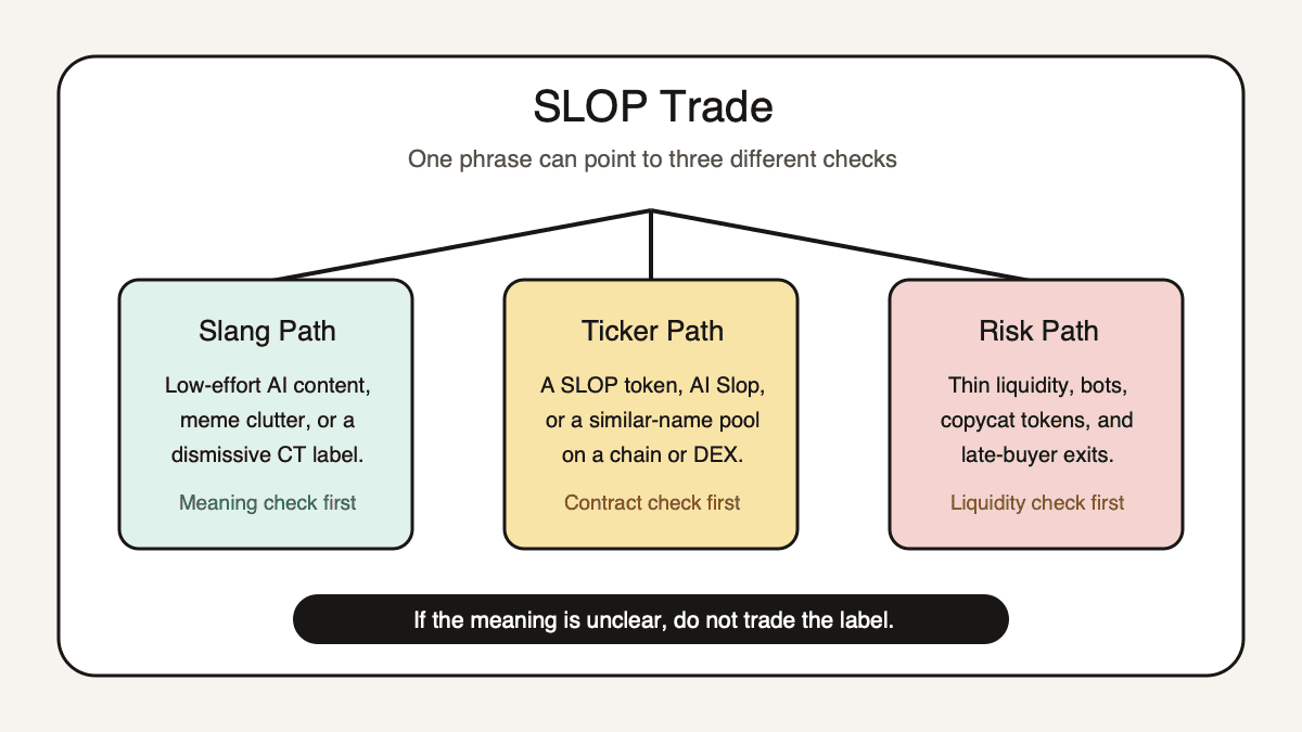 Diagram separating SLOP trade into slang, ticker, and trade-risk meaning paths