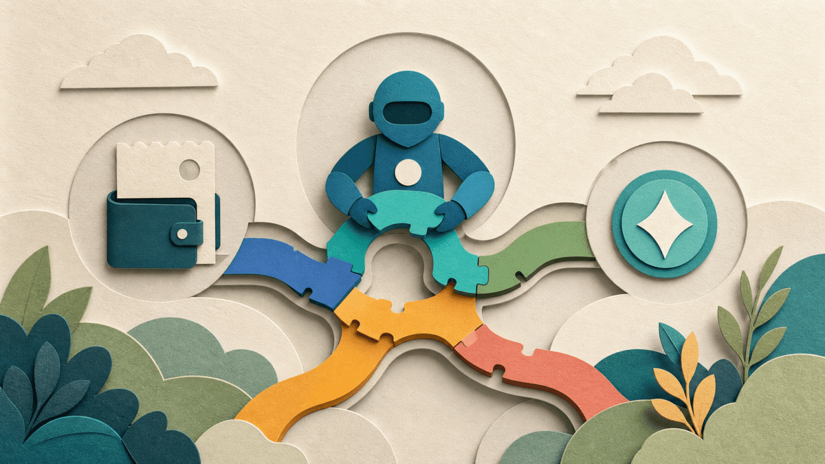 Layered paper cover illustration showing a crypto solver arranging colored route pieces between a wallet order and a settled token outcome