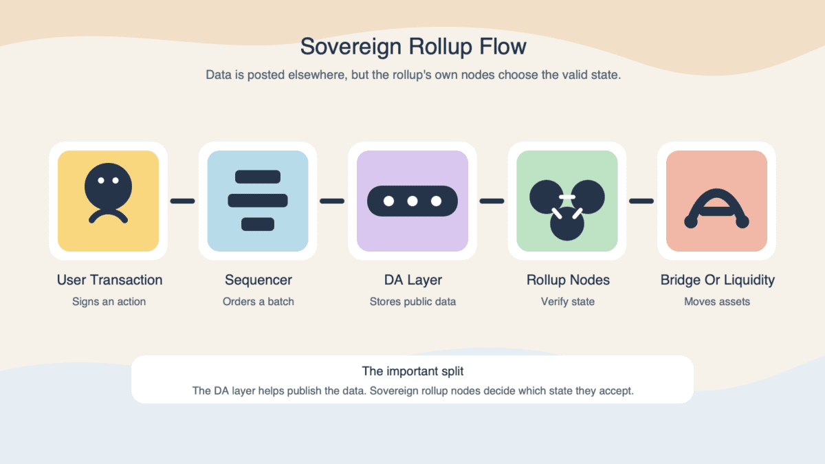 Flow diagram showing a sovereign rollup transaction moving from user transaction to sequencer, data availability layer, sovereign rollup nodes, and bridge or liquidity path