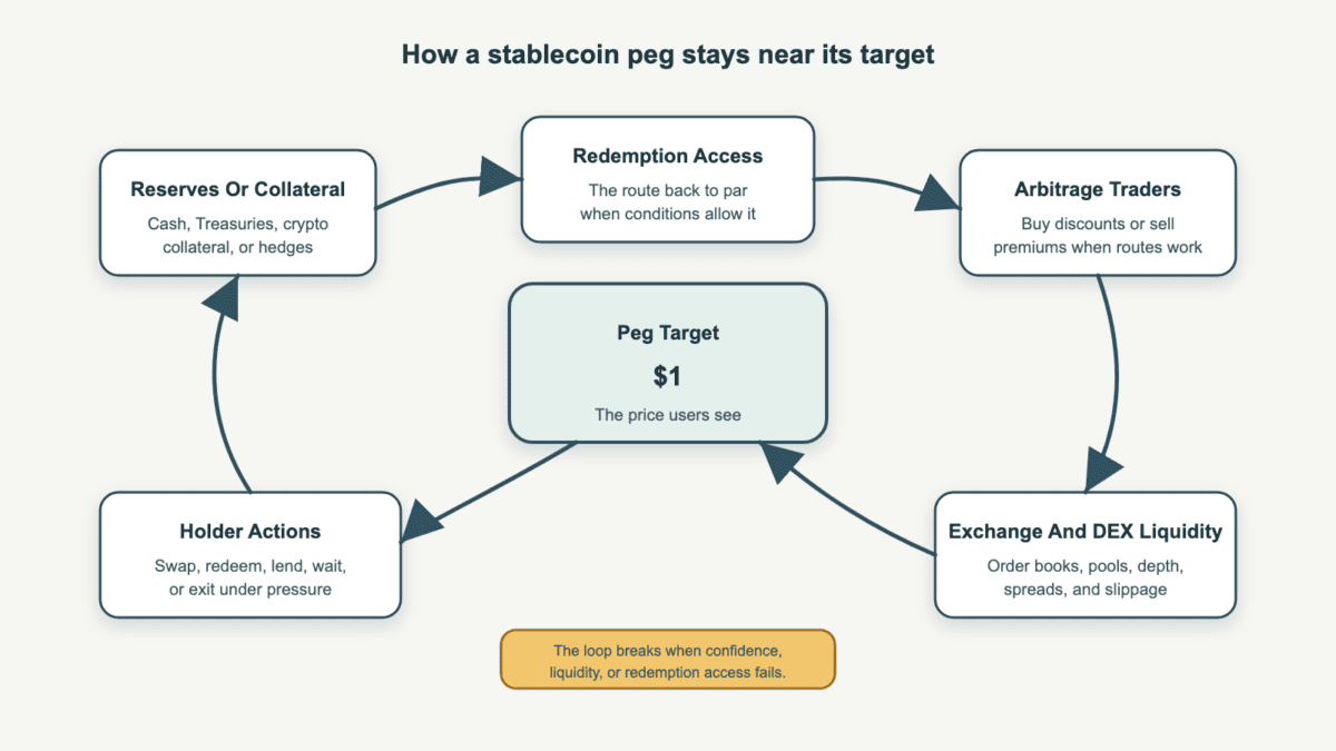 Diagram showing reserves or collateral, redemption access, arbitrage traders, exchange and DEX liquidity, holder actions, and the visible $1 stablecoin peg target