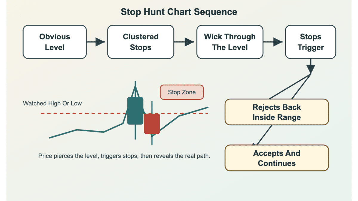 Diagram showing a stop hunt sequence from an obvious level to clustered stops, a wick through the level, triggered orders, and rejection or continuation