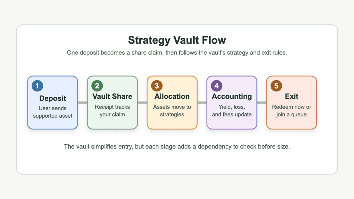 Diagram showing deposit, vault share, allocation, accounting update, and exit stages in a strategy vault