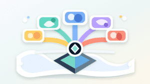 Layered paper illustration of several connected chain islands coordinated above a shared settlement foundation