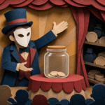 Paper-cut theater scene showing staged scarcity with a nearly empty supply jar on stage and hidden token supply behind a curtain