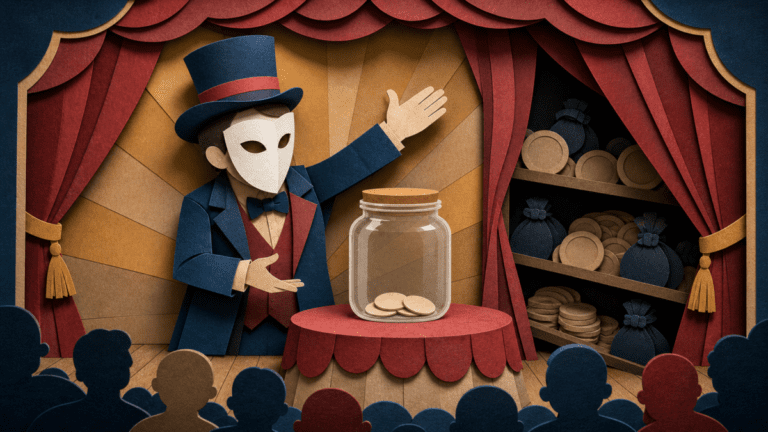 Paper-cut theater scene showing staged scarcity with a nearly empty supply jar on stage and hidden token supply behind a curtain