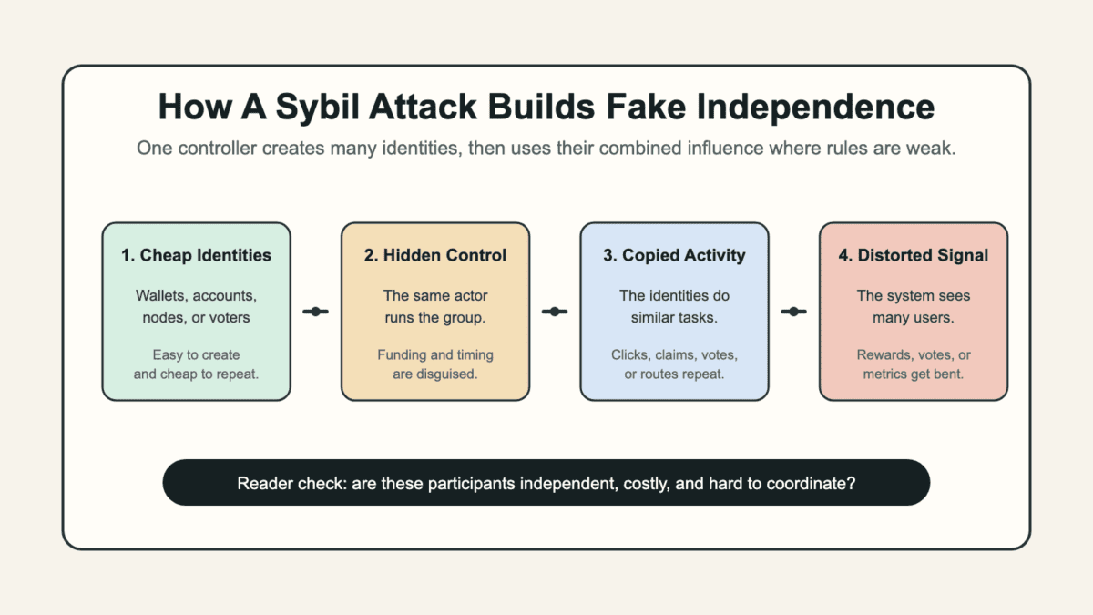 Four-step diagram showing a Sybil attack moving from cheap identities to hidden control, copied activity, and distorted influence