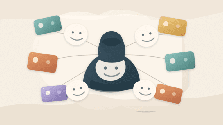 Layered paper illustration of one hidden crypto controller appearing as many blank wallets and identities