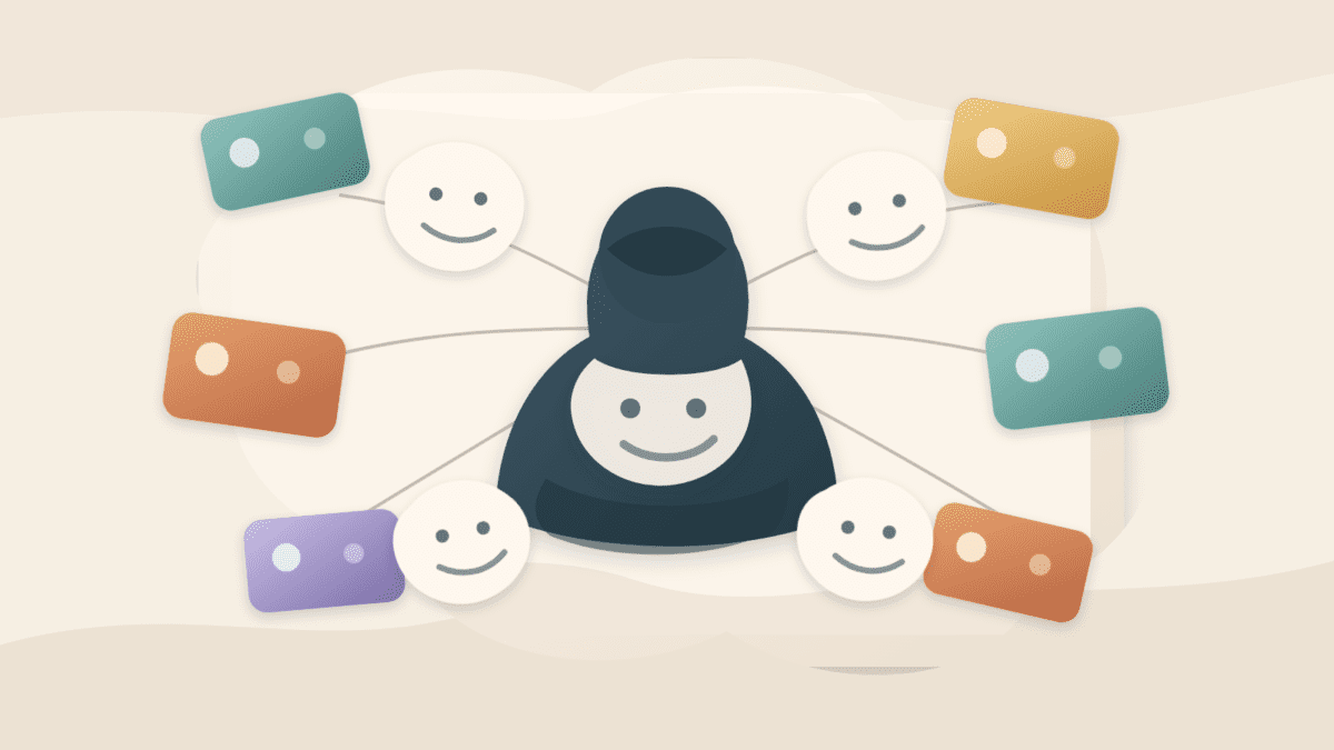 Layered paper illustration of one hidden crypto controller appearing as many blank wallets and identities