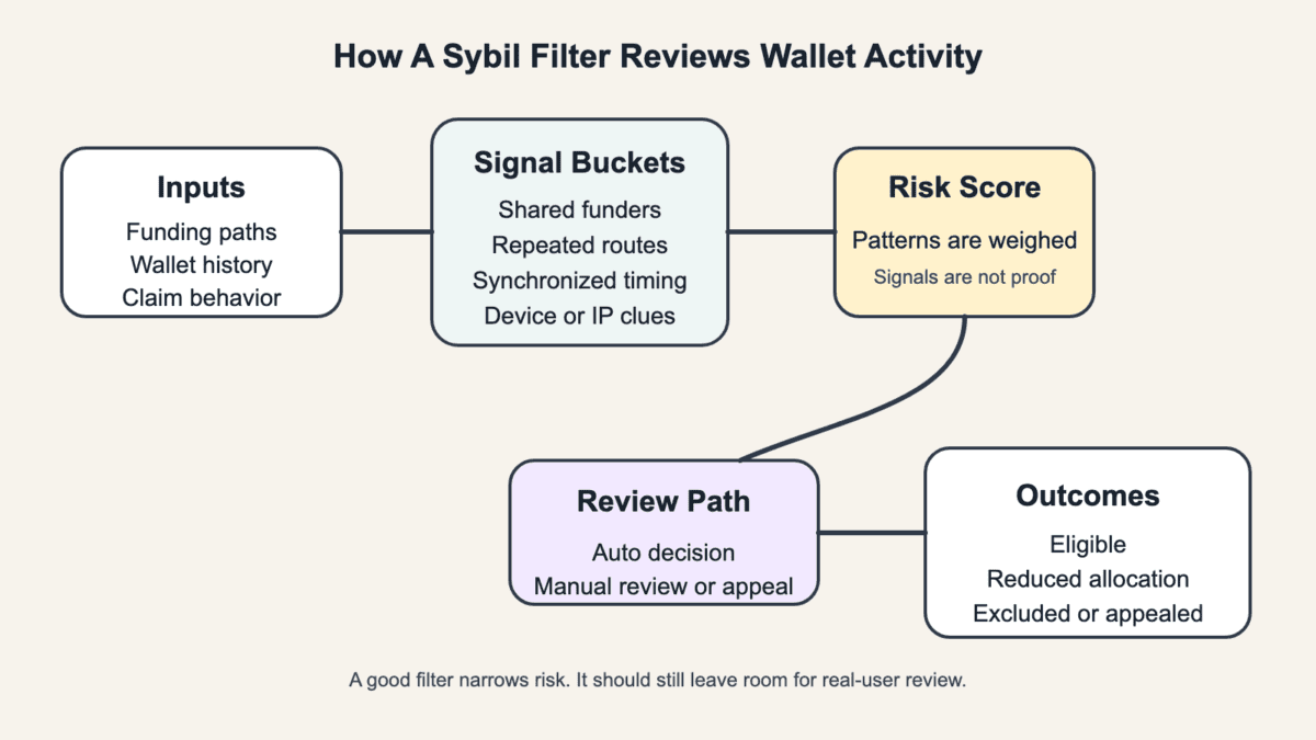 Diagram showing wallet activity inputs flowing into signal buckets, risk scoring, manual review, and eligibility outcomes