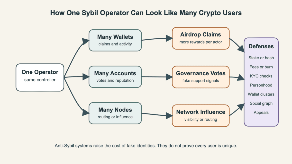 Flowchart showing one Sybil operator branching into many wallets, accounts, and nodes, then affecting airdrop claims, governance votes, and network influence