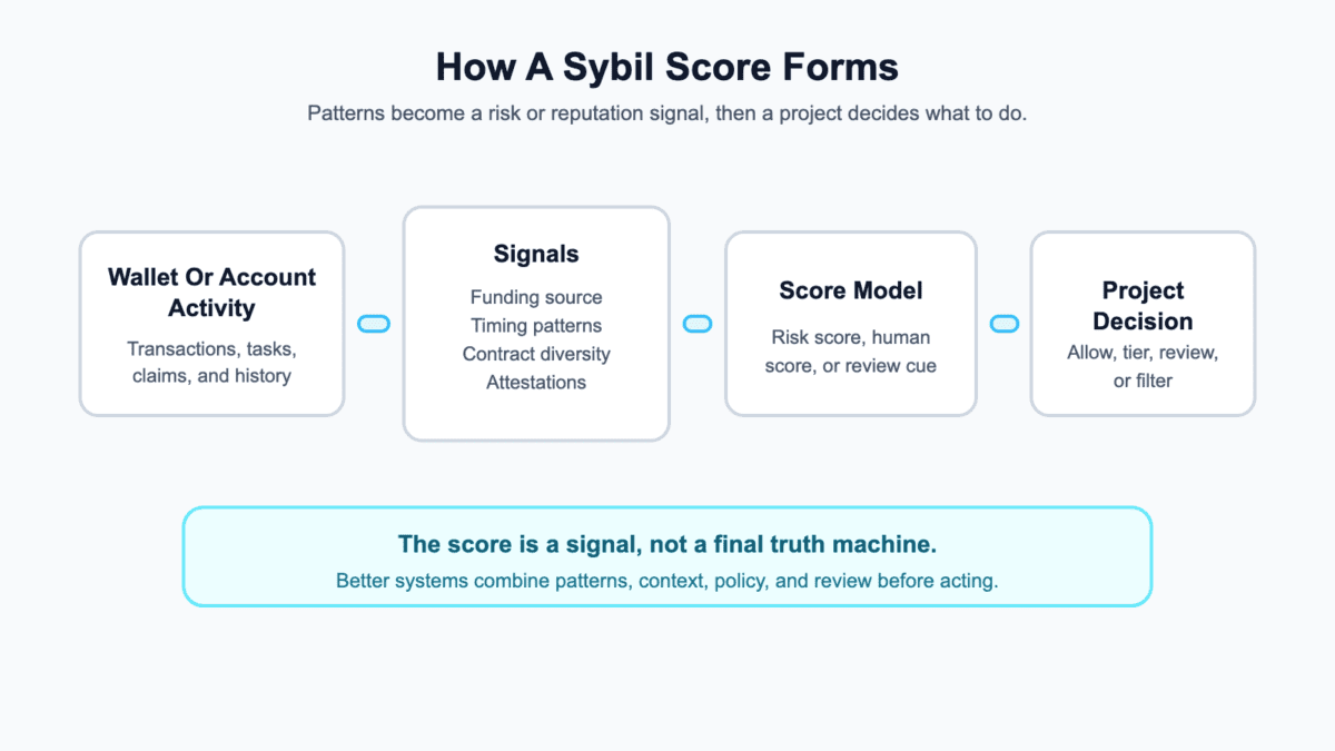 Process diagram showing wallet activity becoming scoring signals, a score model, review, and a project decision