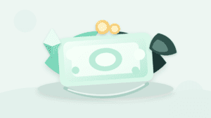 Layered paper illustration of a blank dollar-like note balanced between crypto collateral and a hedge layer
