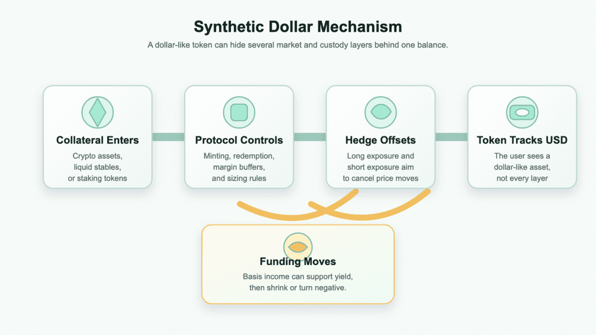 Infographic showing collateral, protocol controls, hedge offsets, funding movement, and the token layer behind a synthetic dollar