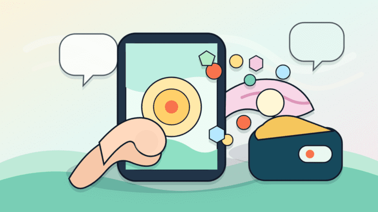 Layered paper illustration of a fingertip tapping a phone as reward shapes move toward a wallet