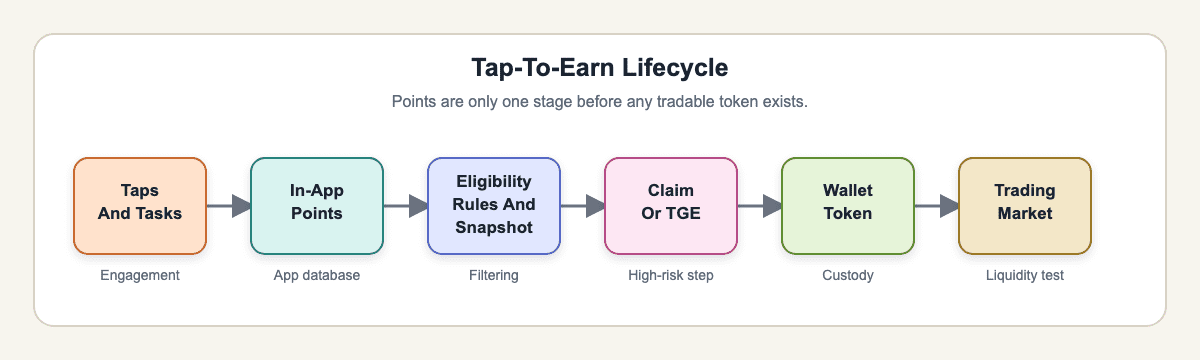 Lifecycle diagram showing tap-to-earn actions moving from taps and tasks to in-app points, eligibility rules, claim or TGE, wallet token, and trading market