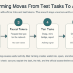 Flowchart showing testnet farming moving from official source to test wallet, faucet tokens, test tasks, points or snapshot, and possible claim