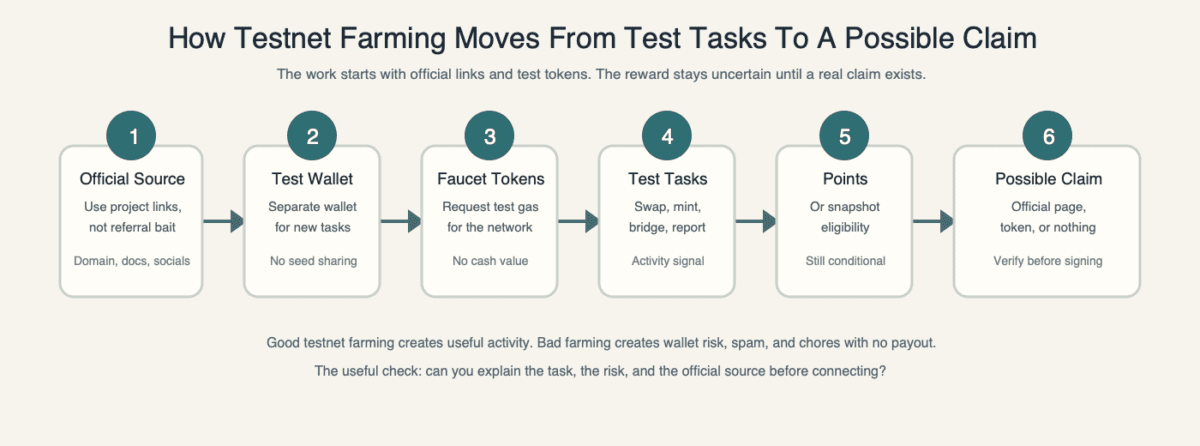 Flowchart showing testnet farming moving from official source to test wallet, faucet tokens, test tasks, points or snapshot, and possible claim