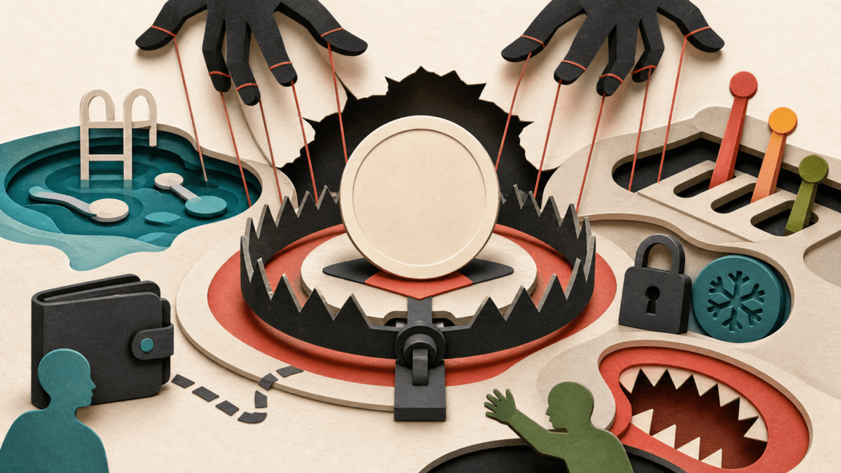 Layered paper collage of a blank crypto token caught in a trap of liquidity, locks, wallet silhouettes, and control levers