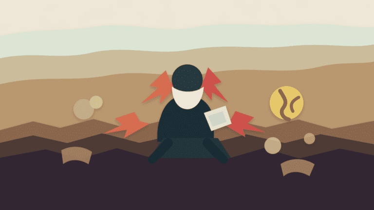 Paper cut style cover illustration showing a stressed crypto trader in layered trenches with warning shards and a cracked token symbol