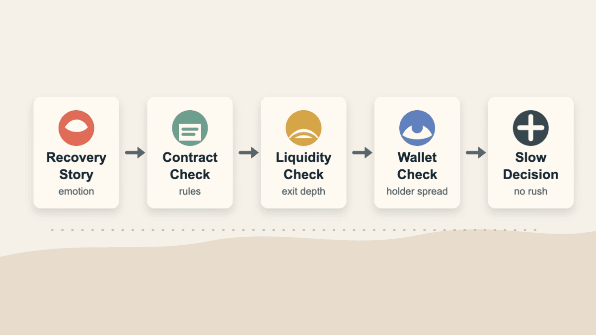 Process diagram showing a PTSD-themed token pitch moving through recovery story, contract, liquidity, wallet, and slow decision checks