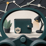 Layered paper illustration of a crypto wallet being observed through binoculars with public blockchain links behind it
