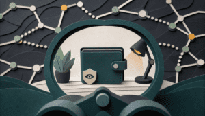 Layered paper illustration of a crypto wallet being observed through binoculars with public blockchain links behind it