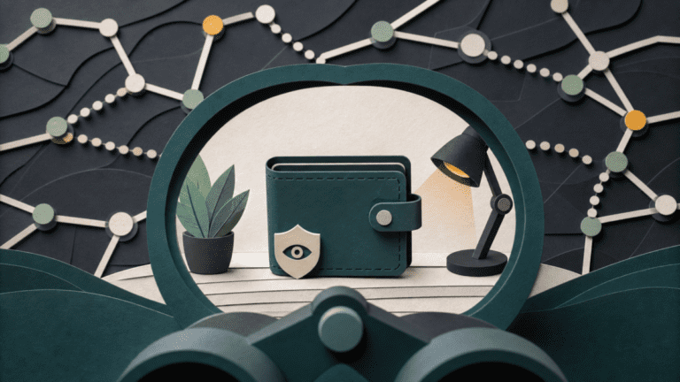 Layered paper illustration of a crypto wallet being observed through binoculars with public blockchain links behind it